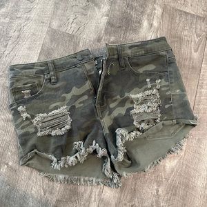 Camo denim shorts